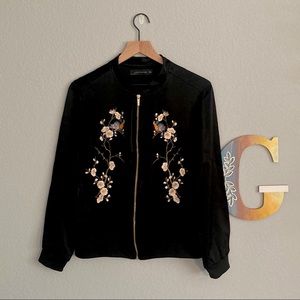 Black Floral and Birds Silk Embroidered Zara Bomber Jacket